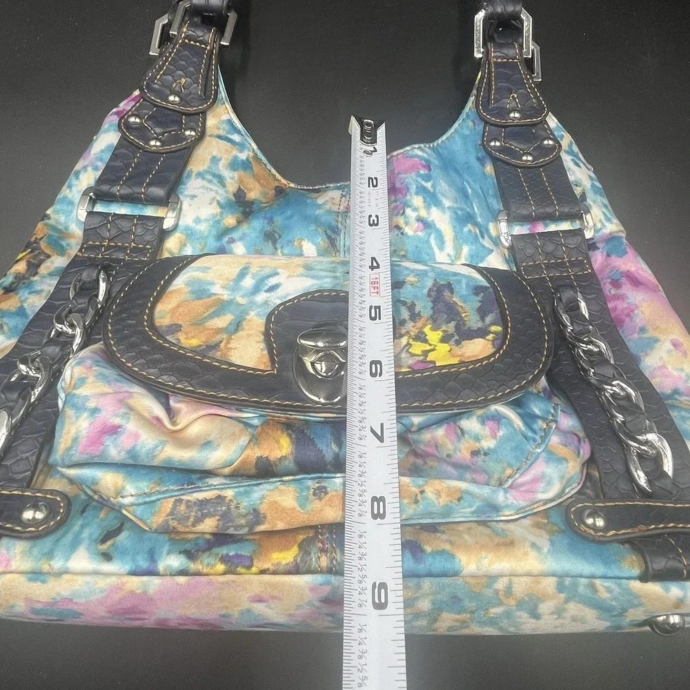 Wilson Leather Blue and Pink Water‎ Color Floral Fabric Hobo Bag Rare